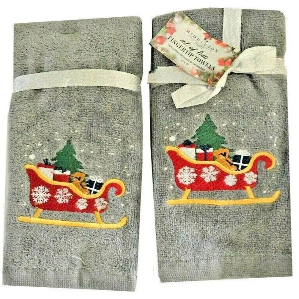 Christmas Tree Fingertip Towels Santa Sleigh Embroidered Guest Holiday Set of 2